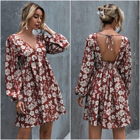 Dresses & Skirts - V neck open back floral print mini dress - BRICK